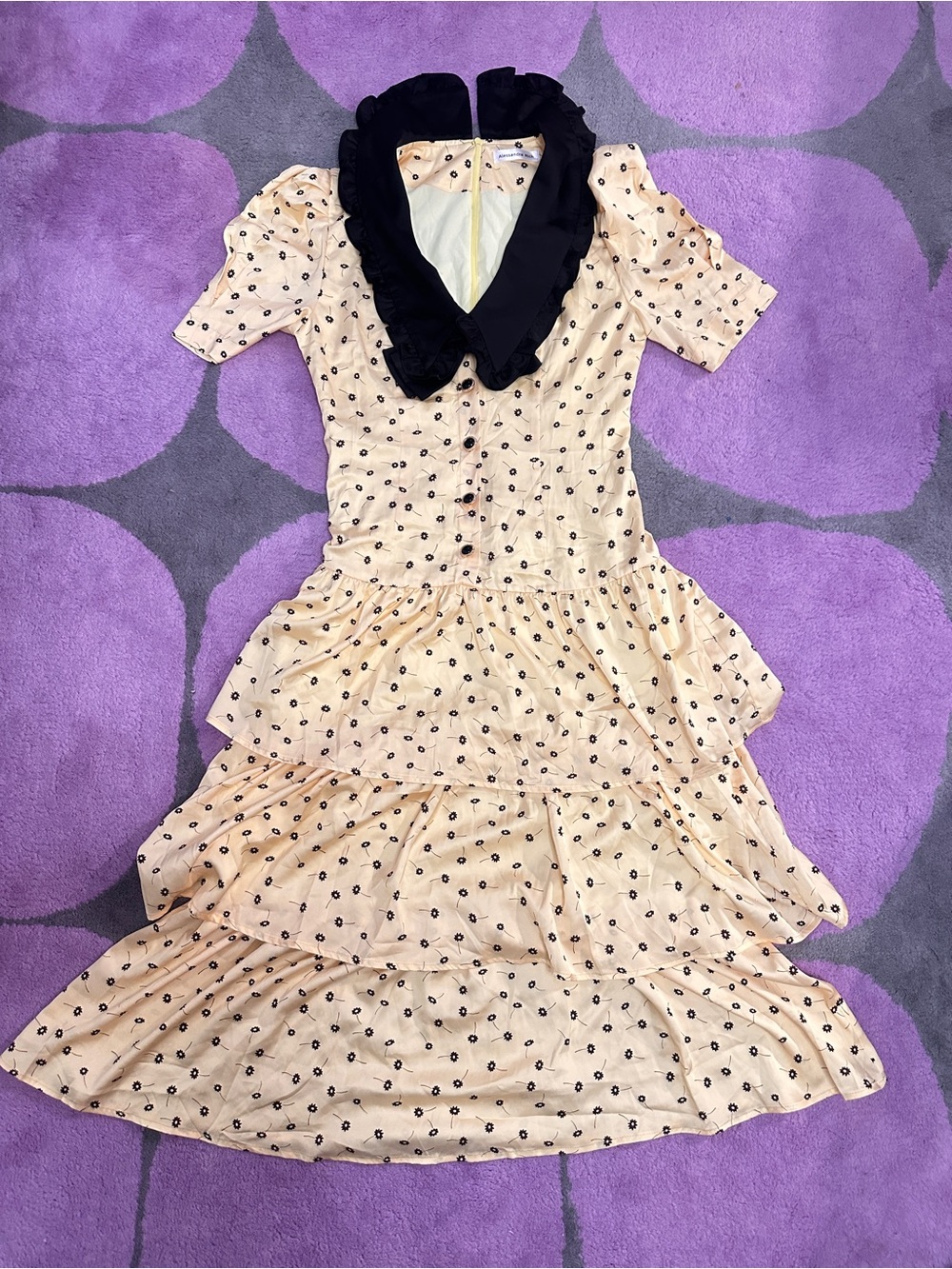 Alessandra Rich Peach Polka Dot Tiered Dress with Black Ruffle Collar